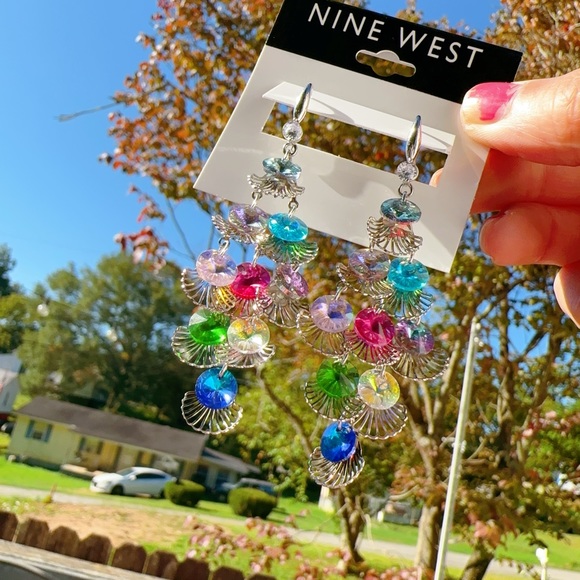Nine West earrings sliver tone blue purple yellow red pink green crystals drops - Picture 3 of 7